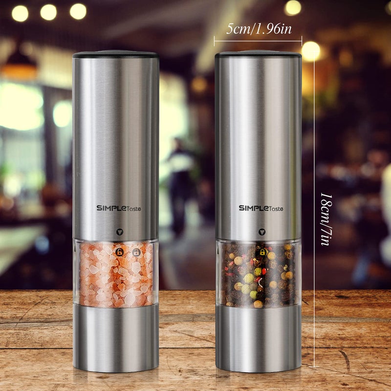 SIMPLETASTE مجموعة مطحنة الملح والفلفل الكهربائية من SIMPLETASTE، مطحنة ستانلس ستيل أوتوماتيكية بيد واحدة مع أضواء وخشونة قابلة للتعديل تعمل بالبطارية - Image 5